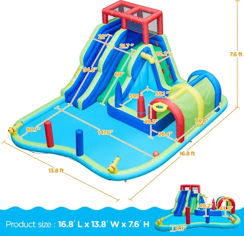 Vista 3 de Tobogán acuático inflable de Yaheetech, ventilador combinado 650W del tobogán acuático del carril doble w/Long Tunnel & Climbing Wall & Punching