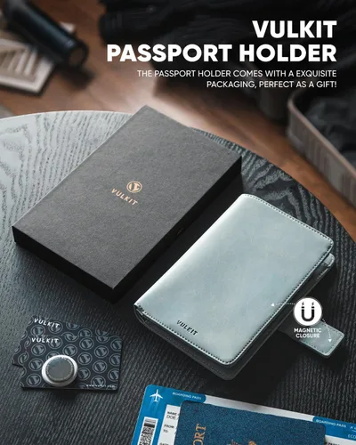 Vista 5 de VULKIT Cartera de pasaporte compatible con Airtag Holder Bifold Travel Card Holder, Azul, Moda