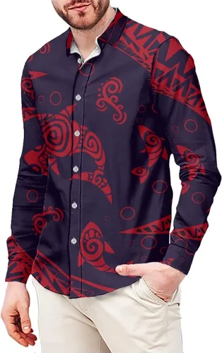 Vista 8 de Camisa polinesia con botones para hombre, Aloha Samoan, patrón tradicional, manga larga, camisa hawaiana para hombre, talla grande, casual