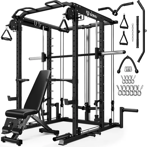 Vista 15 de Máquina S1-V4 Smith, jaula de potencia de 2000 libras con sistema de cruce de cables, estante de sentadillas todo en uno con barra Smith