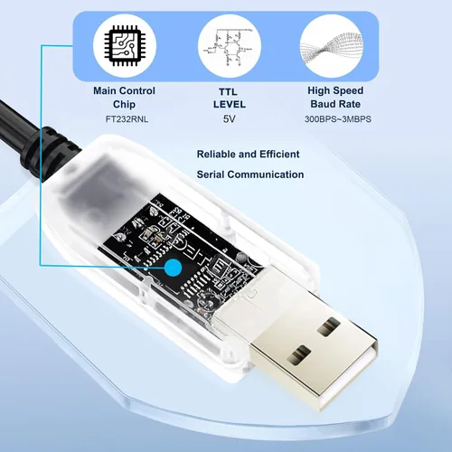 Vista 3 de DTECH Adaptador USB a TTL chip FTDI 5V 6 pines USB a UART Cable de depuración FT232RNL IC Convertidor serie 6ft Indicadores LED Salida 5 voltios
