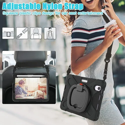 Vista 3 de Funda infantil para iPad mini 7 (A17 Pro) 2024/Mini 6 8.3 pulgadas Funda resistente a prueba de golpes con correa de mano, correa de hombro, Negro
