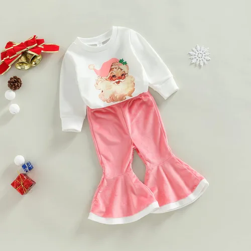 Vista 2 de Gueuusu Conjunto de ropa de manga larga para bebé niña con texto en inglés "My 1st Christmas", sudadera de manga larga con pantalones acanalados