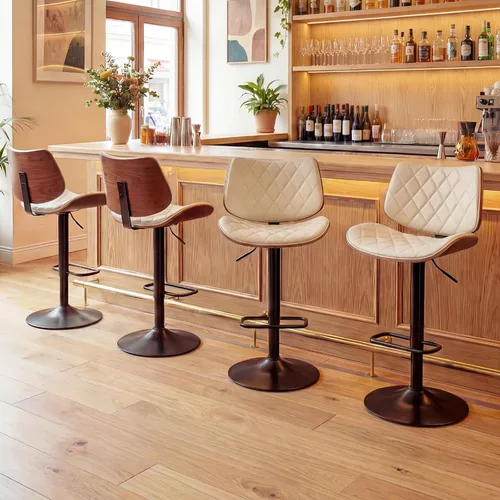Vista 8 de LUNLING Taburetes de bar giratorios con respaldo y reposapiés, taburetes de mostrador modernos ajustables de mediados de siglo, sillas de bar Beige