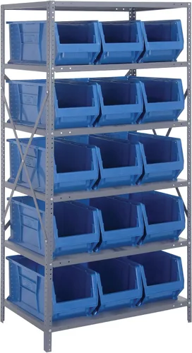 Vista 597 de Quantum QSBU-245BK Heavy Duty Shelving Unit with (7) Shelves and (24) QUS245 Black Bins for Garage Warehouse Storage Distribution 400 lb Load