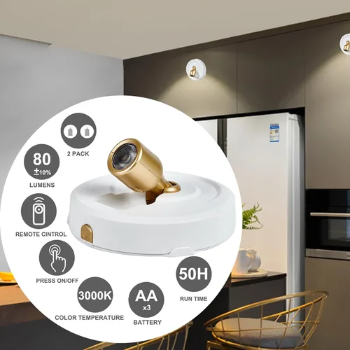Vista 4 de Foco inalámbrico a pilas con control remoto, paquete de 2 luces para debajo del armario con función de temporizador para debajo del mostrador