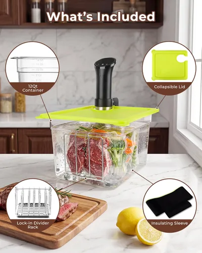 Vista 3 de EVERIE Kit de recipiente Sous Vide de 12 cuartos con tapa plegable + estante divisor de bloqueo + funda aislante - para cocinar largas - Se adapta a