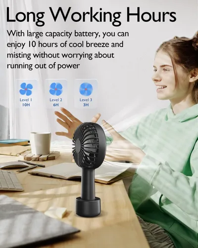 Vista 6 de Ventilador de niebla portátil de mano, ventilador Mister recargable de 2000 mAh, funciona con pilas, rocío de agua, refrigeración personal, 3 Negro
