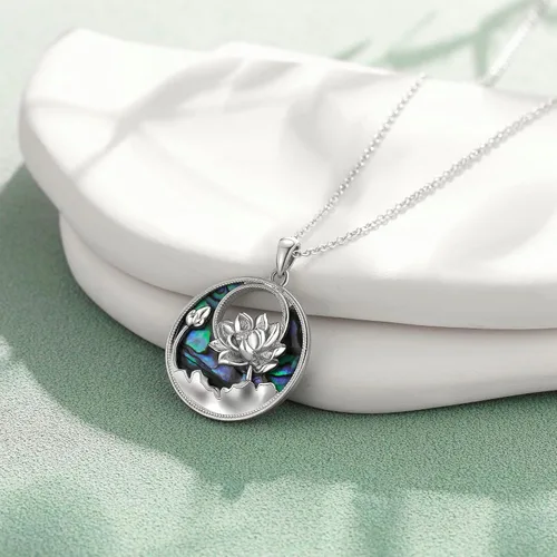 Vista 2 de DAYLINLOVE Collar de loto de plata de ley 925 con colgante de flor de loto abierto puro, collar de abulón, joyería para mujeres, amantes del yoga