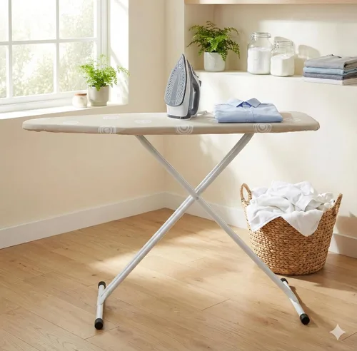 Vista 6 de Tabla de planchar beige con patas en T con funda de algodón, tabla de planchar plegable de 53 x 14 pulgadas, altura ajustable, uso doméstico