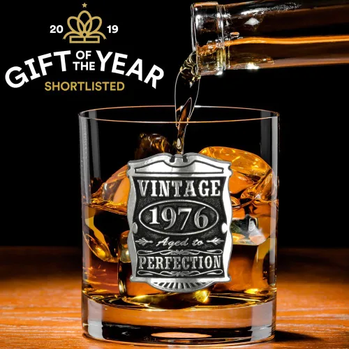 Vista 5 de English Pewter Company Vintage Years 1976 - Vaso de vidrio para 50 cumpleaños o aniversario, diseño de whisky Rocks, idea de regalo única