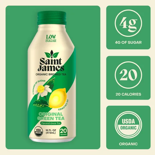 Vista 3 de Saint James Té verde orgánico, sin OMG, sin gluten, bajo en calorías y bajo en azúcar, té verde original, paquete de 12 (16 onzas líquidas cada uno)