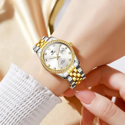 Vista 2 de OLEVS Reloj de acero inoxidable para mujer, estilo vintage, dorado, plateado, de dos tonos, analógico, de cuarzo, casual, impermeable