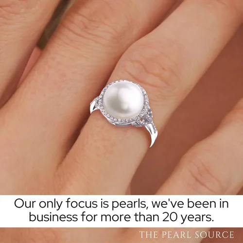 Vista 4 de The Pearl Source Freshwater Cultured Pearl Ring for Women with Button Pearl and Cubic Zirconia on Sterling Silver