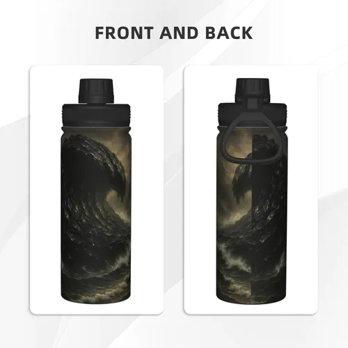Vista 3 de Botella de agua aislada con estampado de tsunami de obsidiana, de acero inoxidable de 18 onzas, divertida taza de viaje, a prueba de fugas