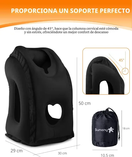 Vista 5 de Sunany Almohada de viaje, almohada inflable para el cuello utilizada para aviones/coches/autobuses/trenes/siesta de oficina con máscara de Negro