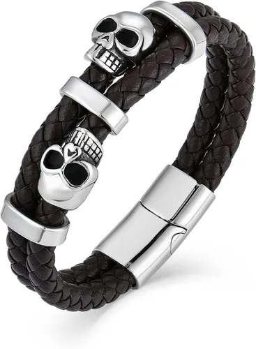 Vista 7 de Pulsera de Cuero de Doble Fila con Calavera para Hombre, Pulsera Trenzada con Calavera Negra o Plateada para Hombre, Joyería Punk Masculina