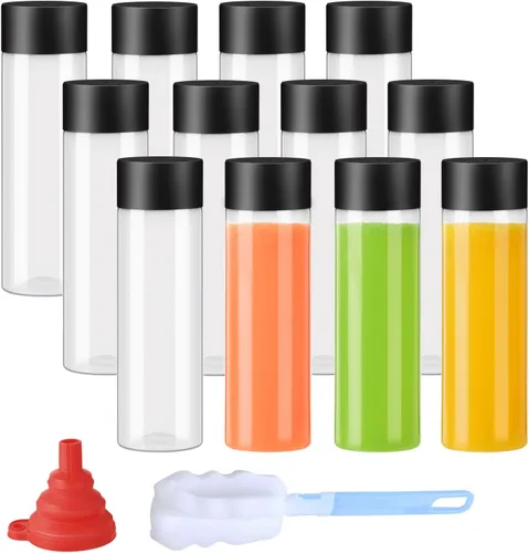 Vista 13 de zmybcpack Paquete de 24 botellas de jugo de plástico de polipropileno de 3.4 fl oz resistentes al calor con tapas, botellas de chupito de plástico