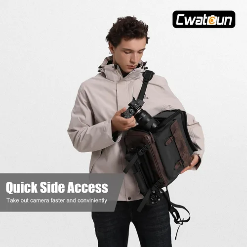 Vista 5 de Cwatcun Canvas Camera Backpack, DSLR SLR Camera Bags for Photographers with Waterproof Rain Cover, Camera Case with Laptop Compartment & Tripod