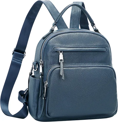 Vista 2 de ALTOSY Mochila de cuero genuino para mujer, pequeña mochila convertible bolso para damas, bolso de hombro 4 en 1 para llevar, azul, (Linen Blue)