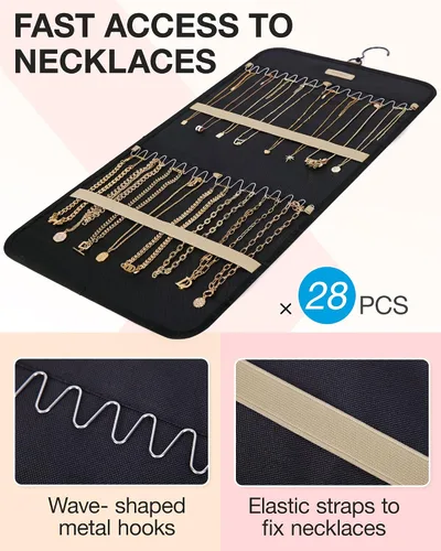 Vista 2 de BAGSMART Organizador de joyas colgante con rollo de almacenamiento y ganchos metálicos de doble cara para aretes, collares, anillos en armario, Negro