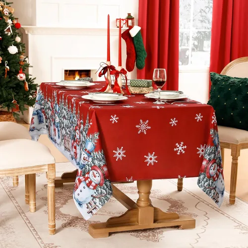 Vista 6 de Softalker Mantel Navideño Rectangular 60x102 Pulgadas, Mantel Rojo de Mesa de Invierno Navidad Muñeco de Nieve Camión, Cubierta de Mesa