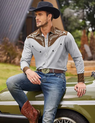 Vista 2 de COOFANDY Camisa vaquera de manga larga bordada con botones para hombre