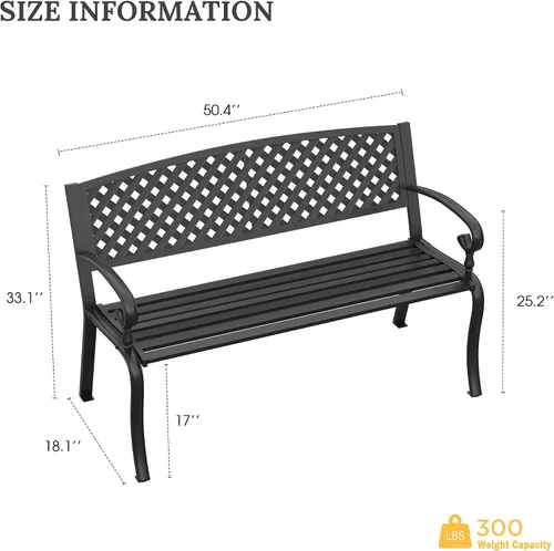 Vista 2 de VICLLAX Banco de jardín para exteriores de 50 pulgadas con reposabrazos y respaldo, banco de metal impermeable para patio, parque, porche, patio