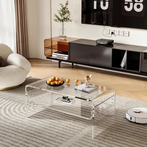 Vista 4 de Mesa auxiliar acrílica de 2 niveles, mesa auxiliar con estante de almacenamiento, mesa central moderna para sala de estar, oficina, dormitorio