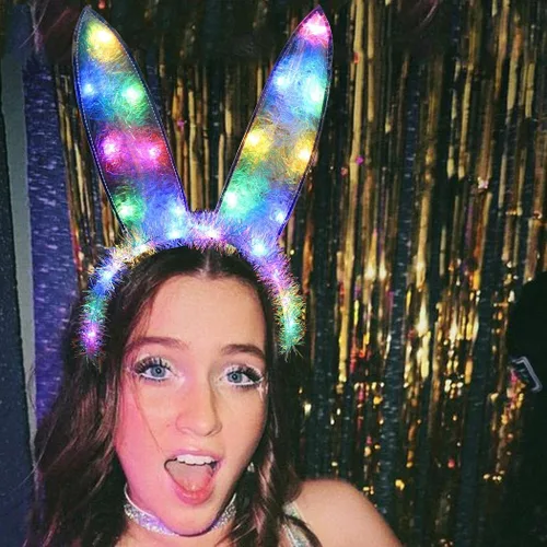 Vista 2 de CAKURE Diadema de orejas de conejo, diadema LED láser con orejas de conejo, diadema brillante para fiesta, cosplay, accesorios para el cabello