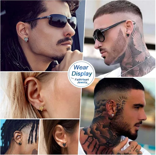 Vista 6 de FaithHeart Norse Vikingo Jewelry - Aretes de tuerca de plata de ley de acero inoxidable, lobo celtamartillo de Thors para mujeres y hombres, Acero