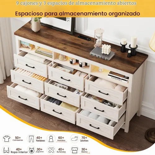 Vista 3 de Hlivelood Cómoda de granja de 9 cajones con luces LED, cómoda grande de 160 cm de ancho para dormitorio, cómoda de madera moderna con organizador