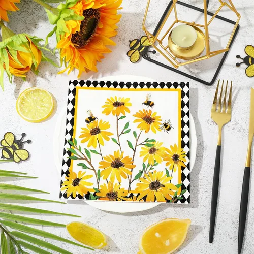 Vista 4 de JarThenaAMCS 80 servilletas de almuerzo con girasol, abejas florales, desechables, servilletas de papel decorativas a cuadros de diamantes