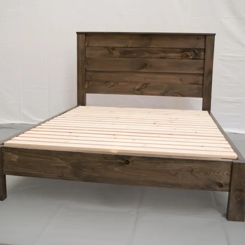 Vista 3 de Marco de cama de plataforma de madera con cabecero, tamaño individual, estilo rústico y moderno, acabado marrón, pino macizo, no necesita somier