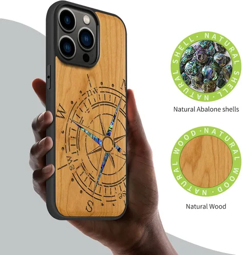 Vista 2 de Carveit Funda magnética de madera de diseñador para iPhone 14 Pro Max, grabado en madera e incrustaciones de concha, funda de madera única
