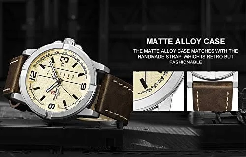 Vista 8 de NAVIFORCE Date Quartz Men Casual Militar Sports Japón Movimiento de cuarzo Relojes de pulsera de cuero genuino plata