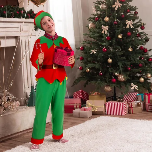 Vista 2 de Newcotte Conjunto de disfraz de elfo de Navidad para mujeres y niñas, ayudante de Papá Noel, incluye sombrero de elfo, vestido de Papá Noel, medias