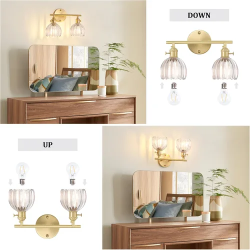 Vista 81 de Shenmoyl Lámparas de baño, lámpara de pared de 2 luces para tocador sobre espejo con pantalla de vidrio tulipán blanco para dormitorio, sala