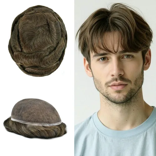 Vista 44 de PUNRU HAIR Completo Swiss Lace Toupee para hombres Sistema de cabello humano real Sistema de reemplazo de cabello humano para hombre Toupee