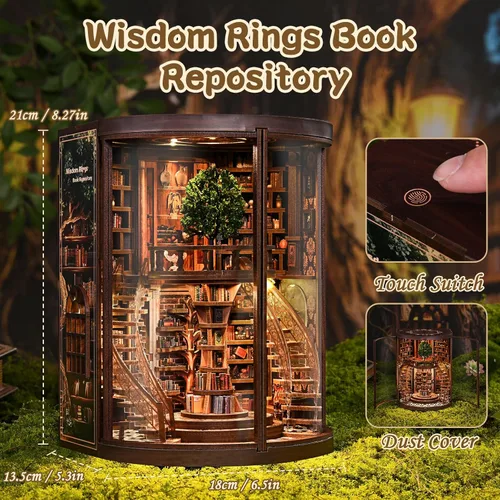 Vista 5 de ACOCO Kit de rincón de libro de biblioteca clásica, rompecabezas de madera 3D con luz LED, decoración de estantería en miniatura, regalo