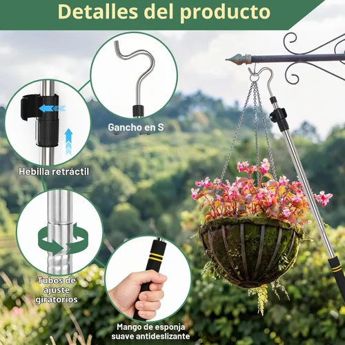 Vista 3 de Percha de armario resistente que llega al poste, poste telescópico en S de 36 a 65 pulgadas para plantas, tubo de acero inoxidable, resistente