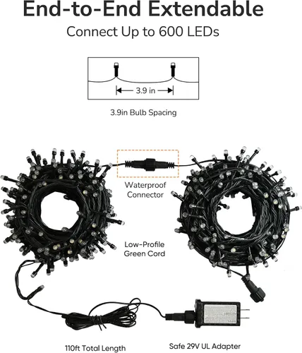 Vista 6 de ULG - Luces de cuerda de Navidad de 2 paquetes mejoradas de 186 pies con 500 LED, luces de hadas impermeables extensibles con función de memoria, 8