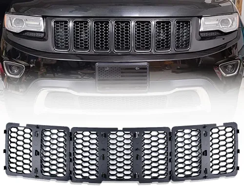 Vista 8 de Inserto de Parrilla de Parachoques Delantero Moldura de Rejilla Cromada con Cubierta de Malla de Panal Negro para Jeep Cherokee 2014 2015 2016 2017