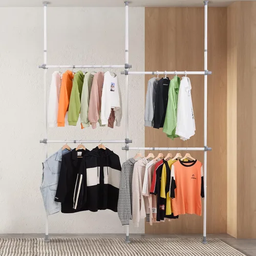 Vista 8 de Estante doble para ropa, estantes ajustables para colgar ropa, ropa de 2 niveles, ropa resistente, sistema independiente de armario blanco