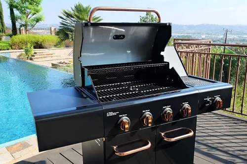 Vista 4 de Kenmore Parrilla de barbacoa de gas propano estilo gabinete de 4 quemadores con quemador lateral abrasador, 52000 BTU en total, negro y cobre Kit