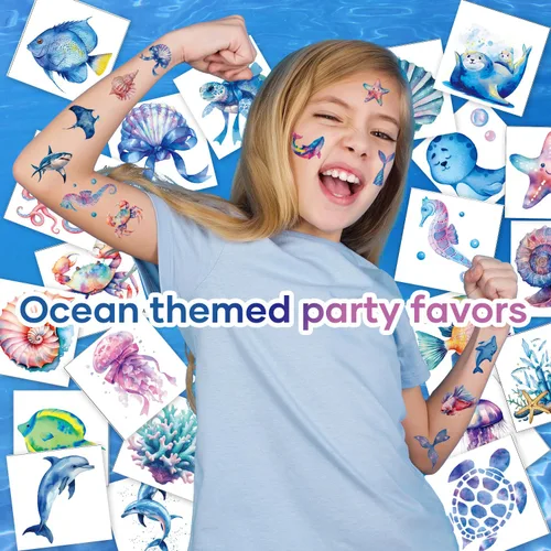 Vista 2 de 80 piezas de tatuajes temporales envueltos individualmente de animales marinos del océano para adolescentes, recuerdos de fiesta de cumpleaños