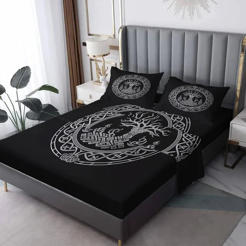 Vista 7 de Viking Sábanas tamaño individual, sábanas tribales, sábanas y fundas de almohada estampadas de 3 piezas, sábana bajera ajustable de microfibra suave