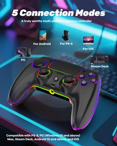 Vista 7 de MYSTILUCK Wireless Pro Controller for PS5/Pro/PC/MAC/Mobile/Steam Deck, Gamepad with 7 Color RGB Lighting/Hall Effect