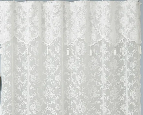 Vista 2 de ASATEX Cortina de ducha de encaje marfil. Cortina de baño de diseño floral clásico de 72 x 72 pulgadas con cenefa adjunta y borlas. Cortinas