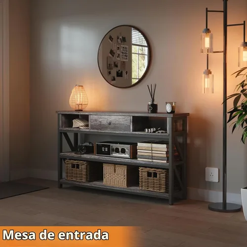 Vista 6 de Mexin Mesa de sofá consola de 39 pulgadas con cajón, mesa de entrada con estantes de almacenamiento, mesa de pasillo de madera industrial para sala